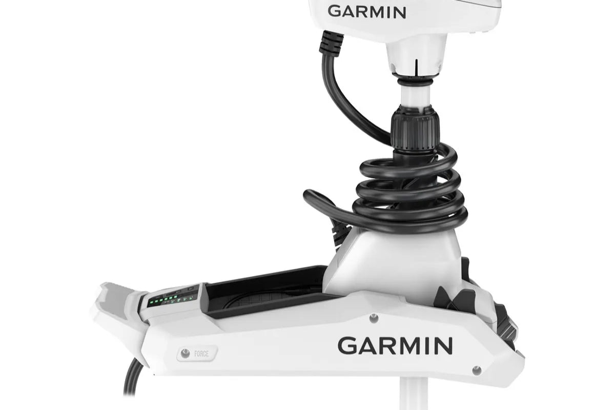 A Garmin trolling motor on a white background as part of a guide on the best saltwater trolling motors