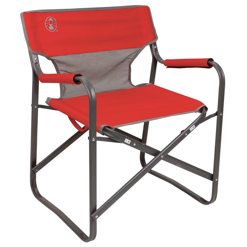 Coleman Outpost Breeze Deck Chair - Red, Foldable Portable Lawn Chair with Mesh Back and Padded Arms