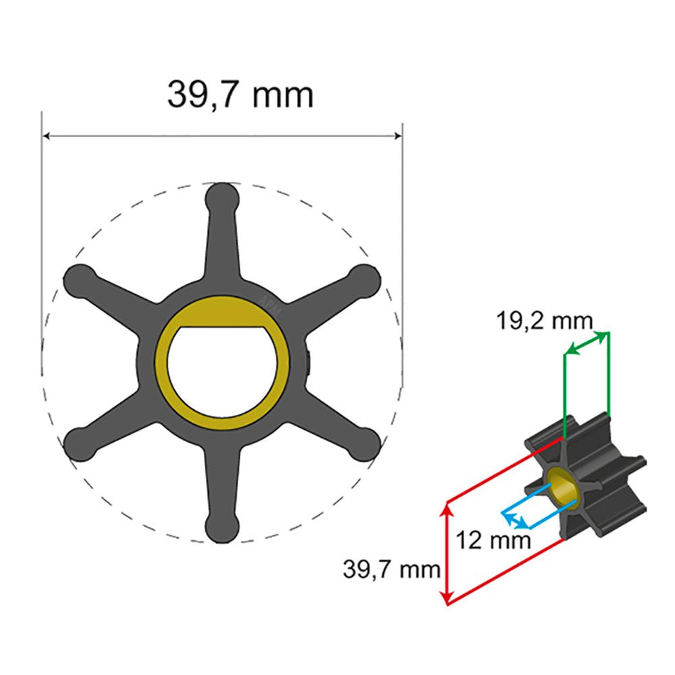 Albin Group Premium Impeller Kit - 39.7 x 12 x 19.2mm - 6 Blade - Single Flat Insert - 06-01-004