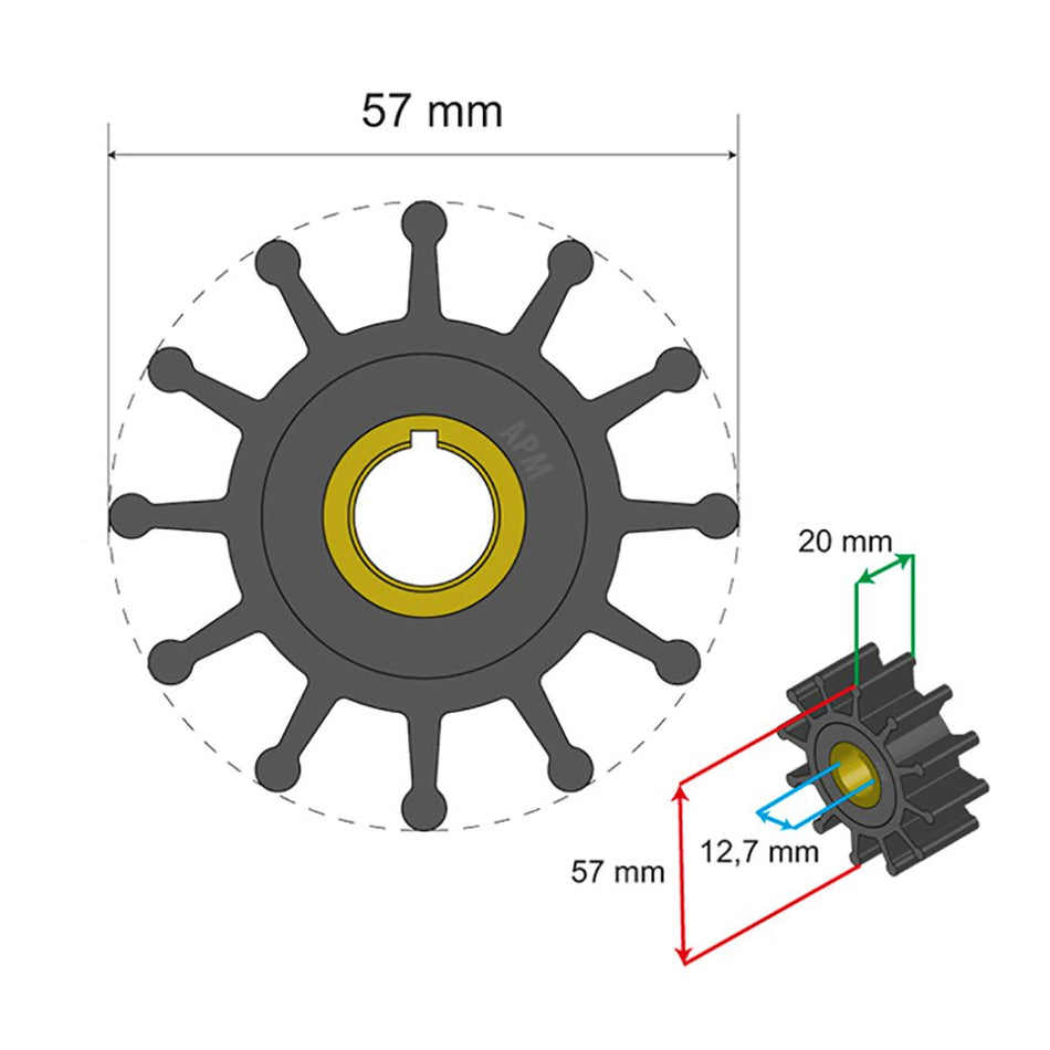 Albin Group Premium Impeller Kit 57 x 12.7 x 20mm - 12 Blade - Key Insert - 06-01-013