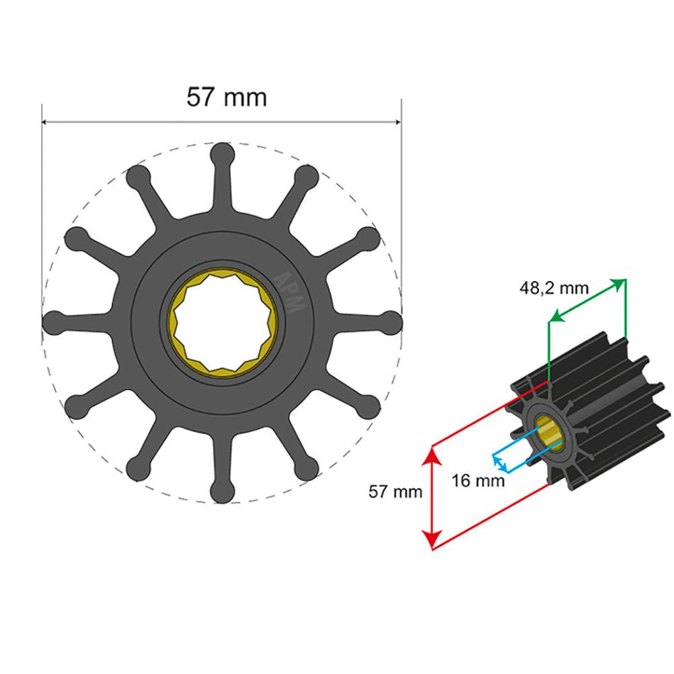 Albin Group Premium Impeller Kit 57 x 16 x 48.2mm - 12 Blade - Spline Insert - 06-01-014