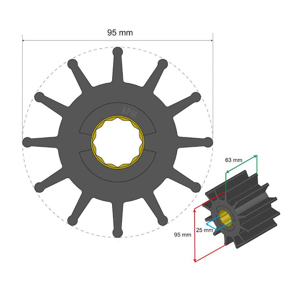 Albin Group Premium Impeller - 95 x 25 x 63mm - 12 Blade - Spline Insert - 06-02-028