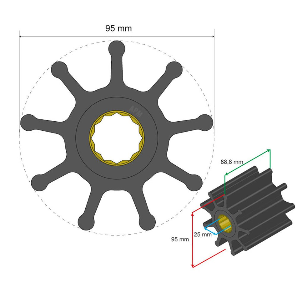 Albin Group Premium Impeller Kit 95 x 25 x 88.8mm - 9 Blade - Spline Insert - 06-02-029