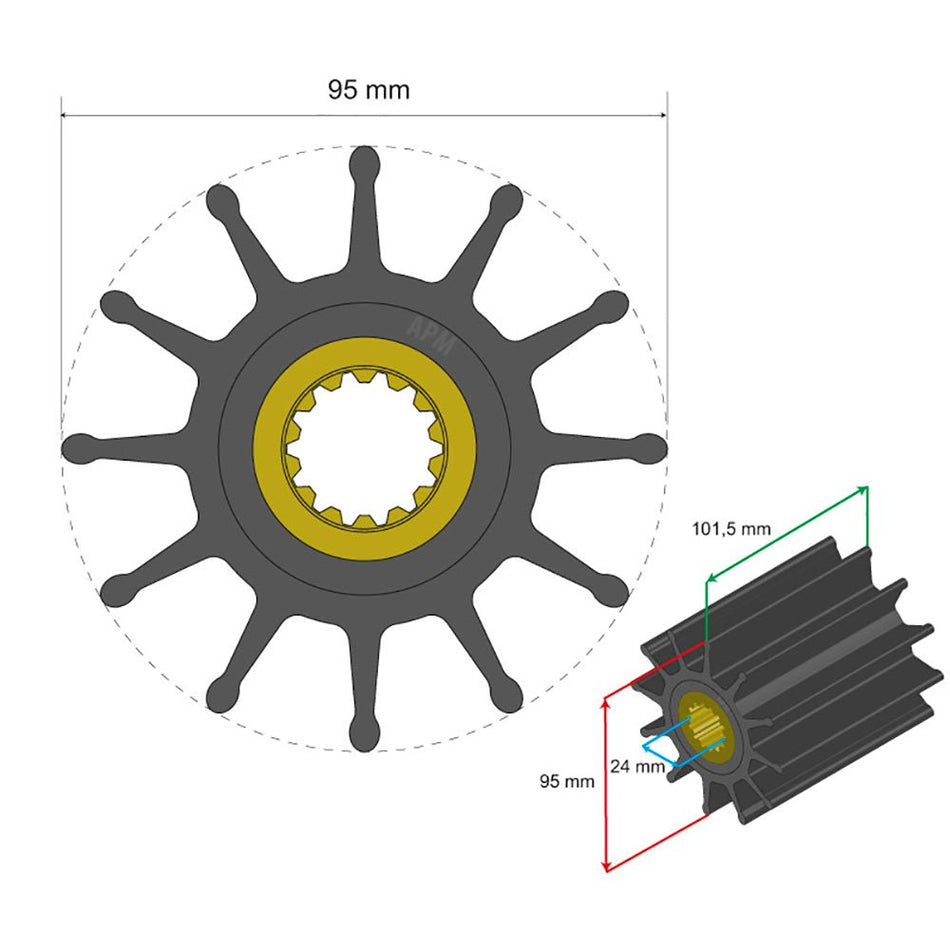Albin Group Premium Impeller Kit 95 x 24 x 101.5mm - 12 Blade - Spline Insert - 06-02-033
