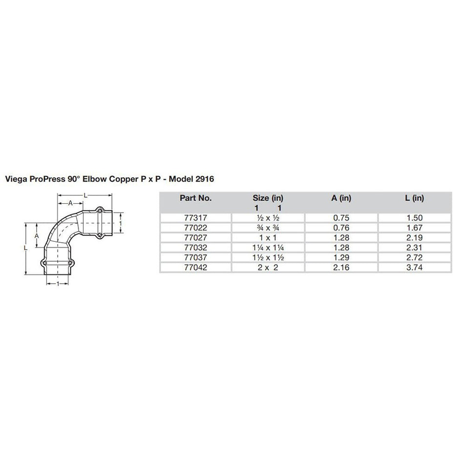 Viega ProPress 1/2" - 90° Copper Elbow - Double Press Connection - Smart Connect Technology - 77317