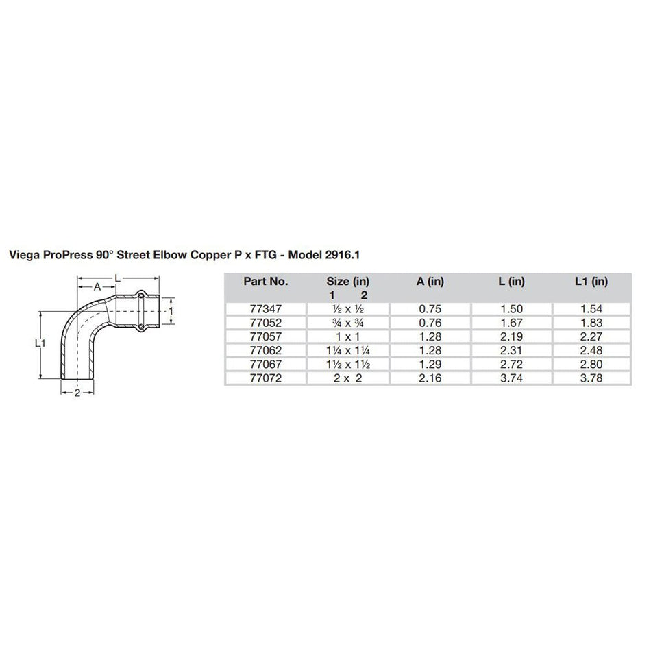 Viega Propress 1/2" - 90° Copper Elbow - Street/Press Connection - Smart Connect Technology - 77347