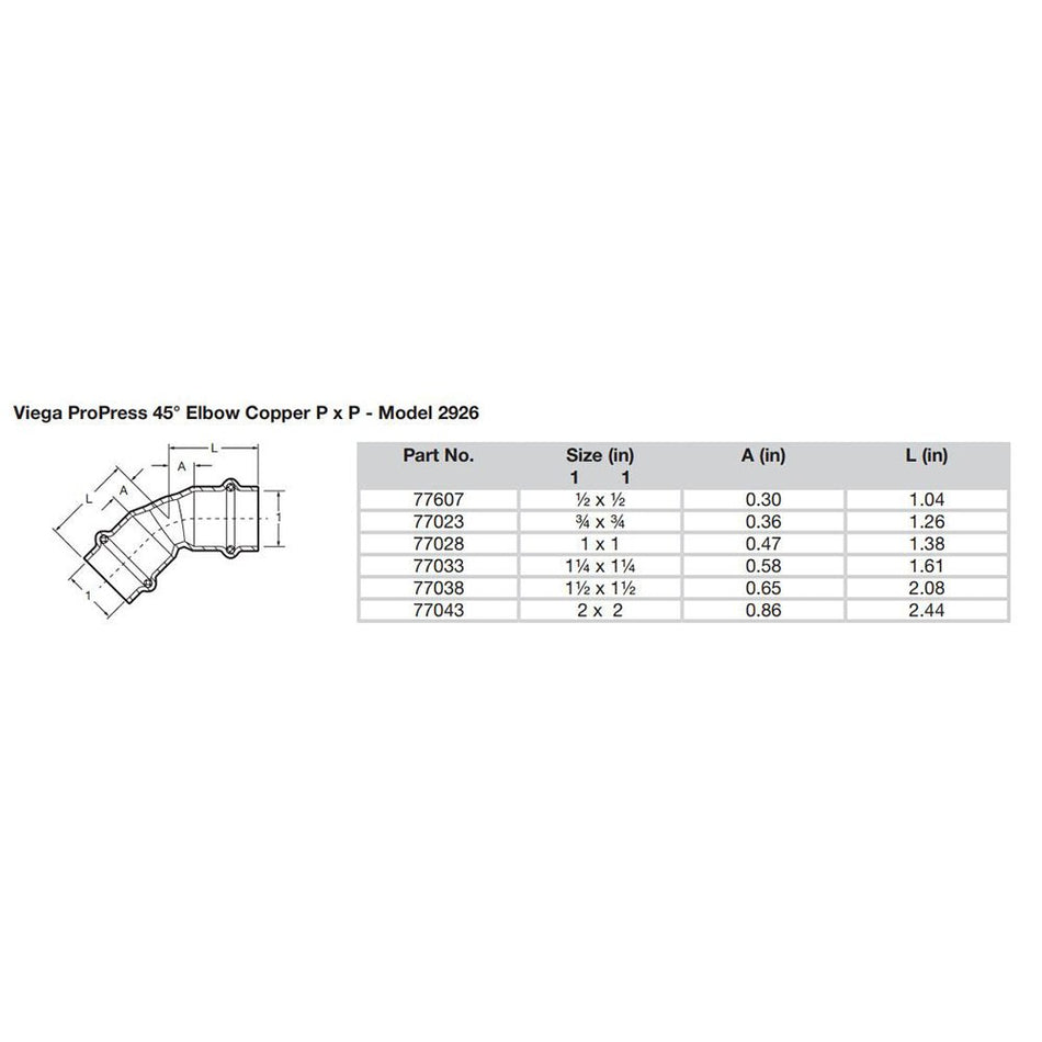 Viega ProPress 1/2" - 45° Copper Elbow - Double Press Connection - Smart Connect Technology - 77607
