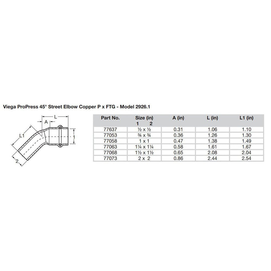 Viega ProPress 1/2" - 45° Copper Elbow - Street/Press Connection - 77637