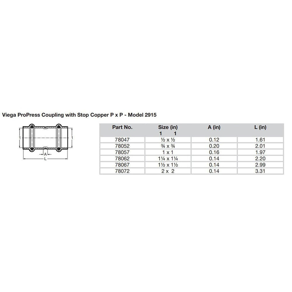 Viega ProPress 1/2" Copper Coupling w/Stop - Double Press Connection - Smart Connect Technology - 78047