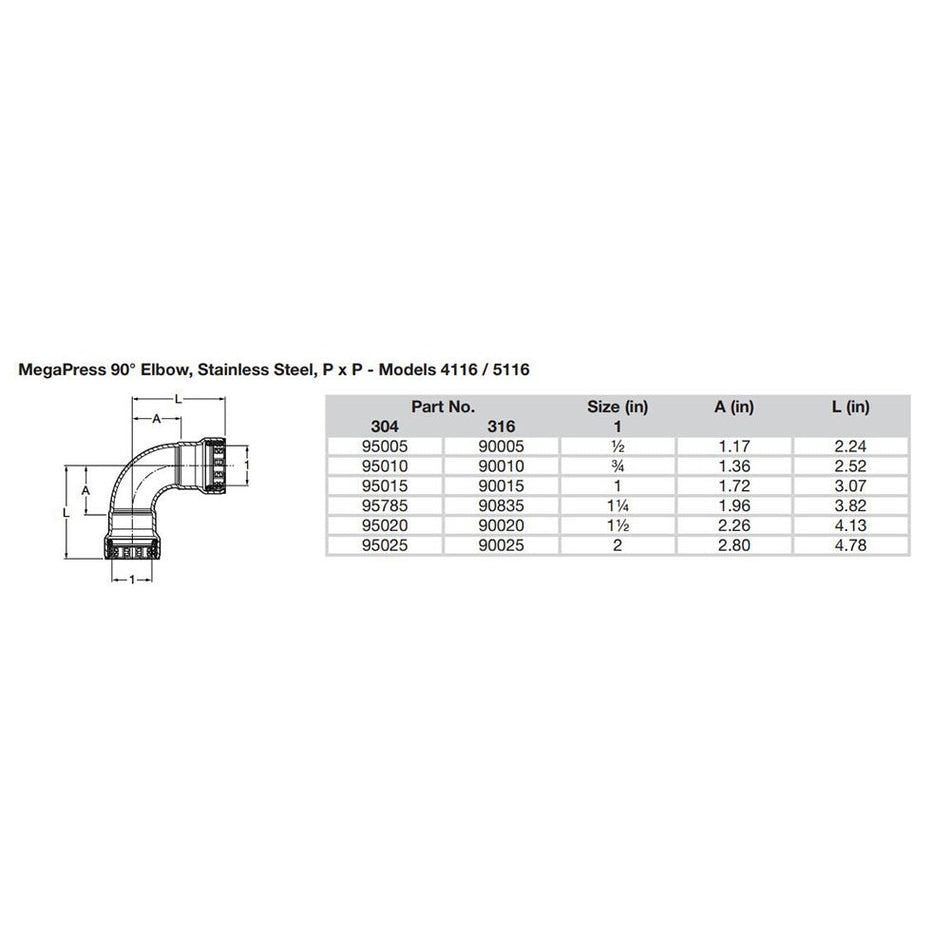 Viega MegaPress 1/2" 90&deg; Stainless 304 Elbow - Double Press Connection - Smart Connect Technology