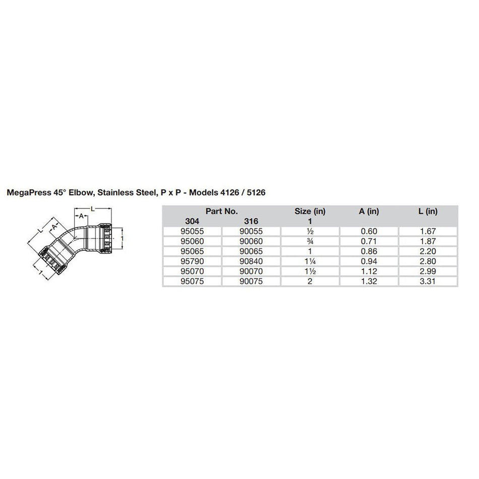 Viega MegaPress 1/2" 45&deg; Stainless Steel 304 Elbow - Double Press Connection - Smart Connect Technology