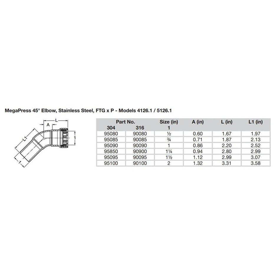 Viega MegaPress 1/2" 45&deg; Stainless Steel 304 Elbow Street - Press Connection - Smart Connect Technology