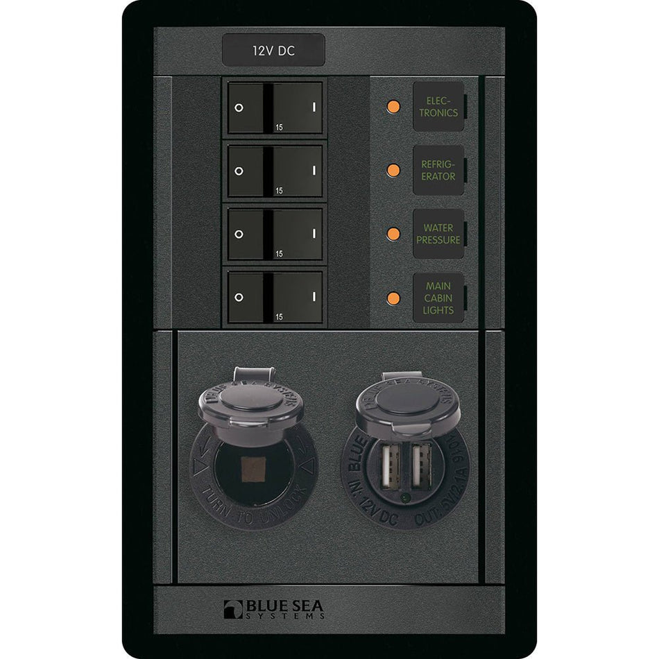 Blue Sea 1495 - 360 Panel - 4 Position 12V w/Dual USB &amp; 12V Socket