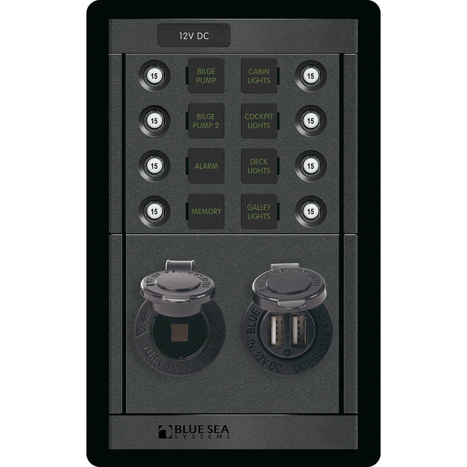 Blue Sea 1498 - 360 Panel - 8 Position 12V Panel w/Dual USB &amp; 12V Socket