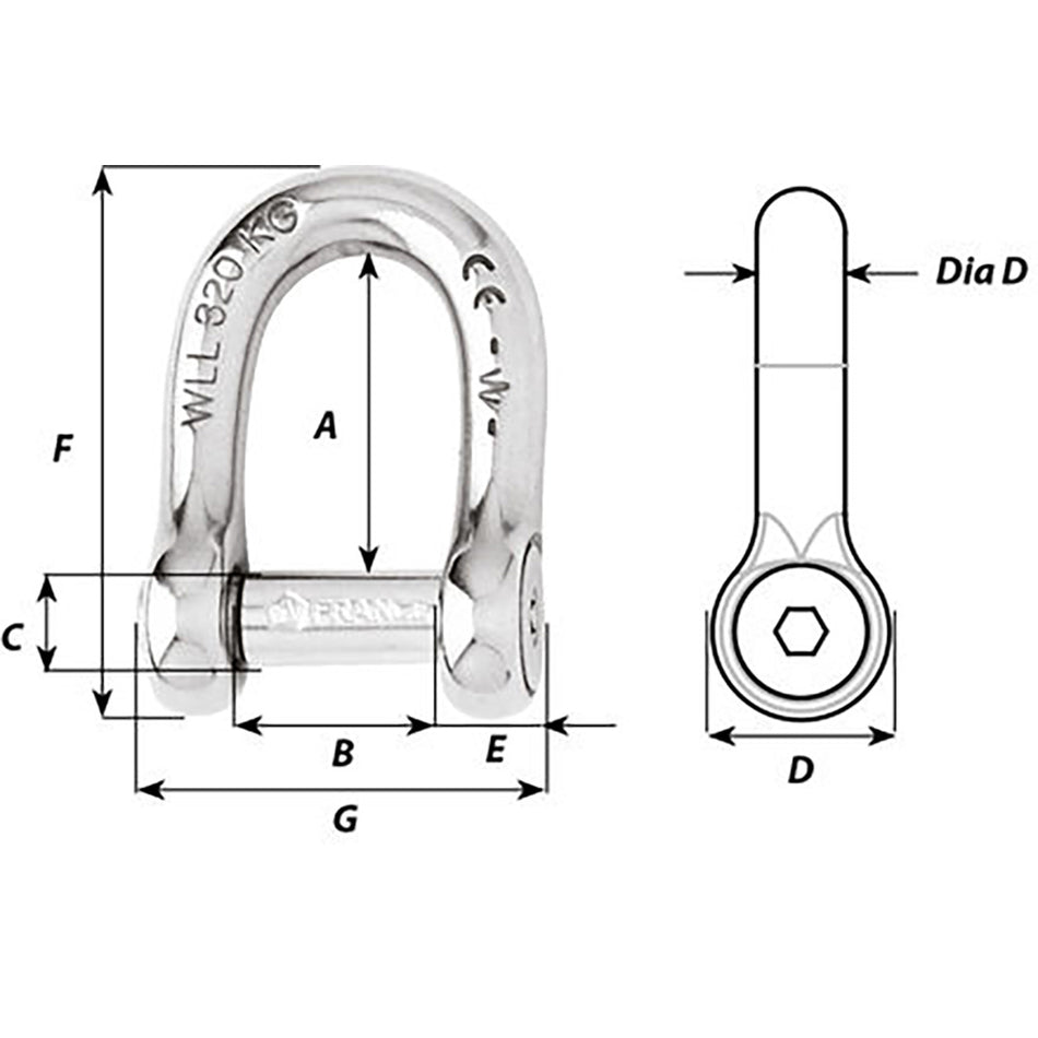 Wichard Marine Self-Locking Allen Head Pin D Shackle - 8mm Diameter - Part 1304