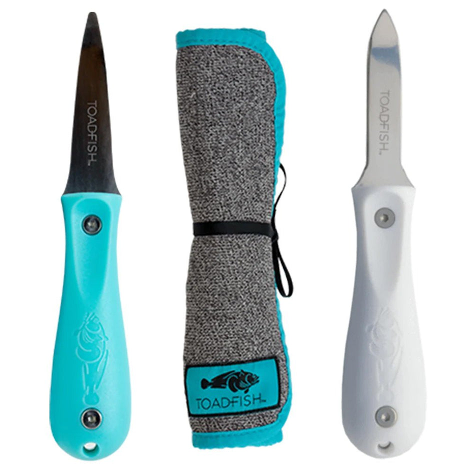 Toadfish Shucker&#39;s Bundle - Put &#39;Em Back Oyster Knife, Professional Oyster Knife &amp; Cut-Proof Shucking Cloth